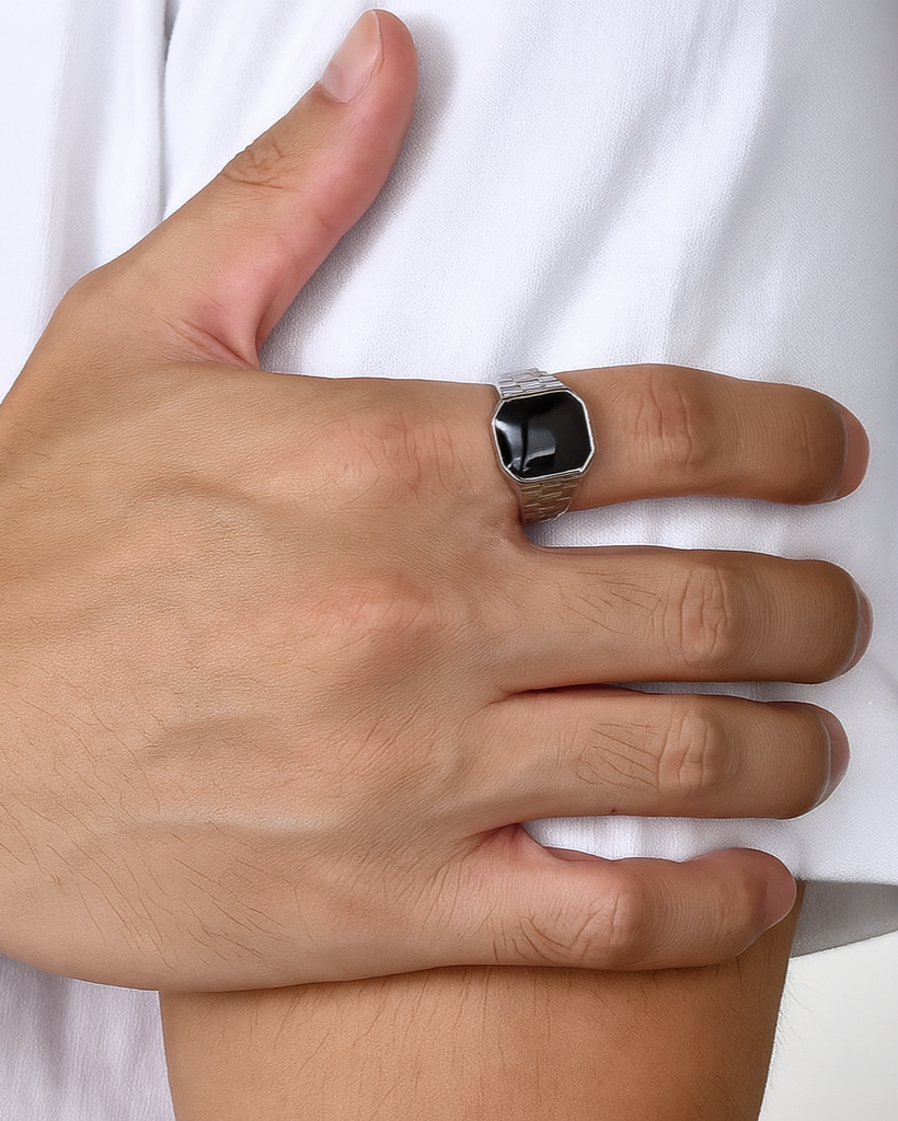 Link Onyx Ring - Sølvfarvet