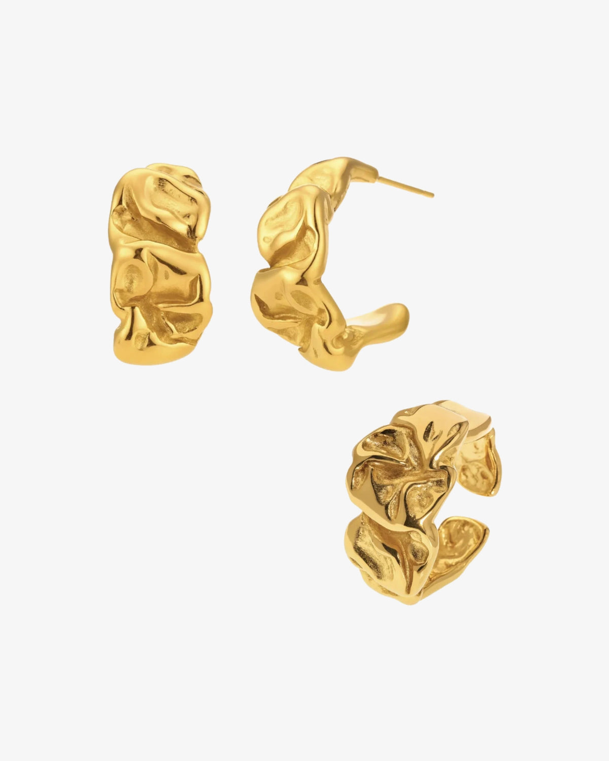 Ember Earrings & Ring Gift Set i forgyldt – øreringe og ring med rå tekstur