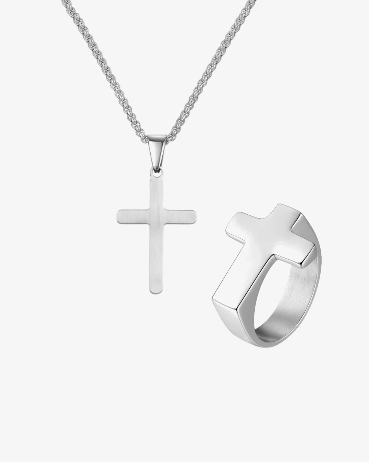 Cross Necklace & Ring Gift Set i sølvfarvet stål – kors-halskæde og ring