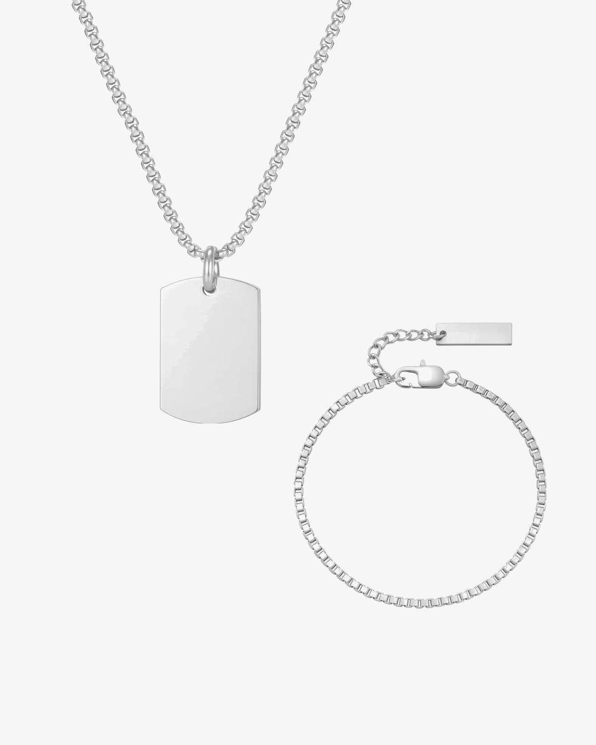 Tag & Box Chain Gift Set i sølvfarvet stål – halskæde og armbånd