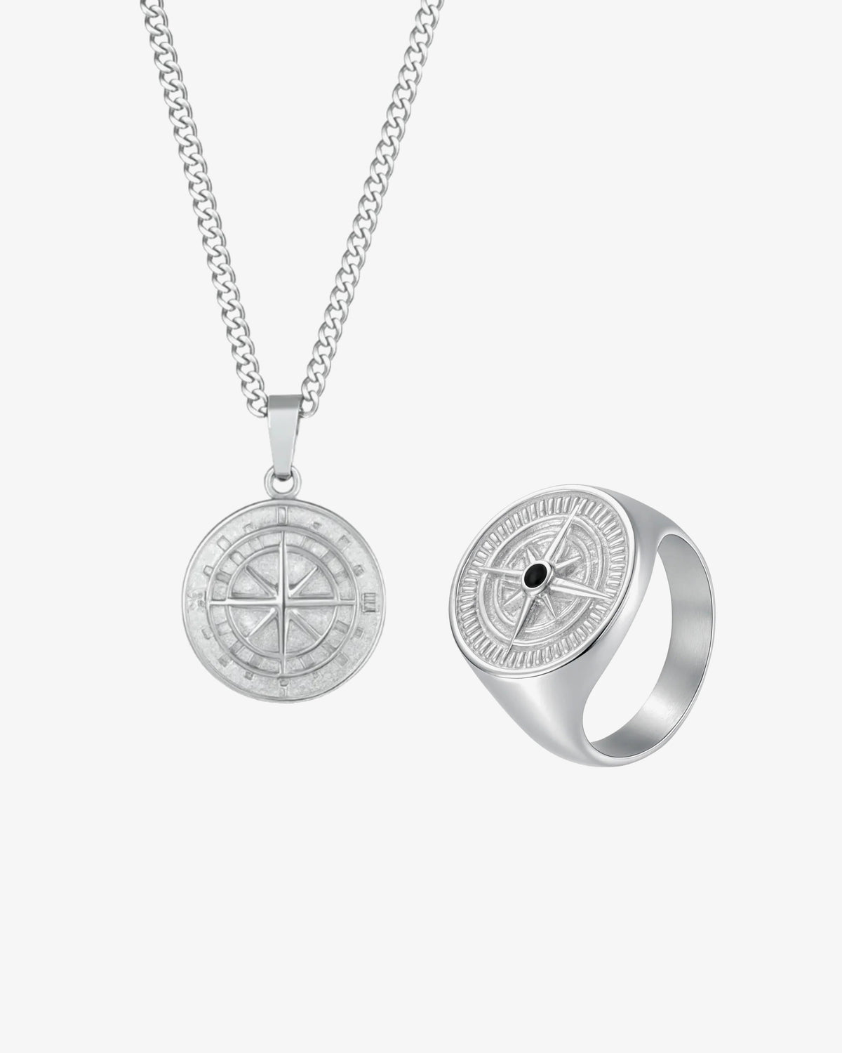 Compass Ring & Chain Gift Set i sølvfarvet stål – halskæde og ring med kompasmotiv